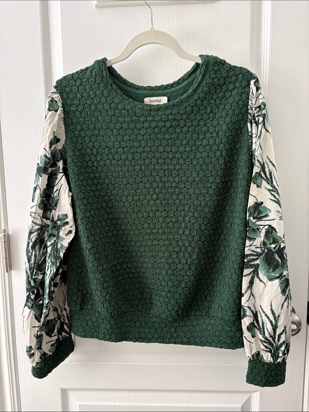 Porridge Green Textured Pullover Sweater with Floral Sleeves